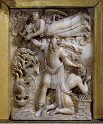 Offeret til engelen Abraham viser seg for Abraham for å fortelle ham om ikke å ofre sønnen Isak. Lavt relieff i elfenbensmedaljong. 1400-tallet. Musee Vivenel, Compiegne