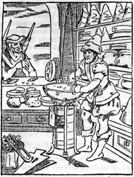 Butikken til apotekeren og kjøpmannen med salver og eliksirer på 1500-tallet, frisøren tar seg av en klients hår - I "" Den pittoreske butikken"" 1836