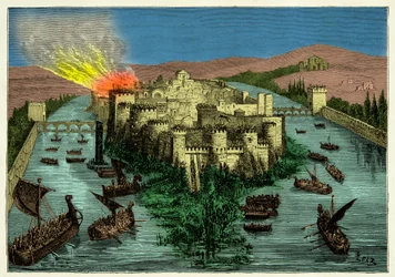 Vikingenes beleiring av Paris i 845 med Ragnar Lodbrok i spissen, gravering, 19. århundre