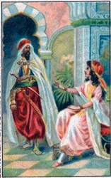 Sultanen og prinsessen. Fortellingen "" Historien om den fortryllede hesten"" i "De tusen og en natt" (de 1001 nettene eller Le mille e una notte, Arabian Nights). Kromolitografi fra slutten av 1800-tallet.