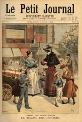 Tiden for kirsebær, gående kjøpmann i gatene i Paris. Gravering i "" Le petit journal"" 9/06/1895. Selvas samling.