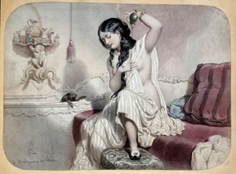 Toalettet. En kvinne på et bad i nærheten av badekaret hennes er i ferd med å ta et bad. Illustrasjon av 1800-tallet. Paris, dekorativ kunst