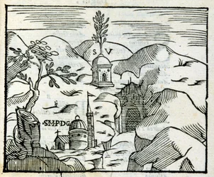 Vergils grav (70 f.Kr. - 19 f.Kr.) i Pozzuoli. Tresnitt etter en turistguide fra 1600-tallet.