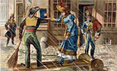Feiemaskinfaget i 1820: en feiemaskin som hjelper en ung kvinne med å krysse en sølepytt.
