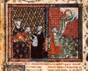 Oversettermunken presenterer sin bok til kong Filip III av Frankrike kalt den dristige (1270-1285). Miniatyr hentet fra The Christian Doctrine, av St. Augustine (?)