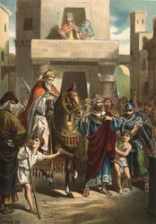 The triumph of Mardochee (or Mordekhai or Mordecai), biblical character (Life-fifth century BC).in “” El Culto de la Hermosura”” by Juan Justo Huguet, Molinas Hermanos editores