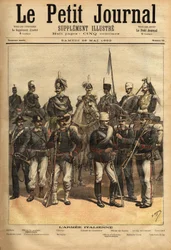 Den italienske hærens uniformer, til hest fra venstre mot høyre: artilleriet, kavalerioffiseren, generalen, obersten for Carabinieri, offiseren for guidene, 10. lanserregiment, den hundredende. Stående fra venstre mot høyre: karabineren