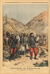 Hærens uniformer, et kampanjeantrekk for ekspedisjonen fra Madagaskar. Gravering i "" Le petit journal"" 21.04.1895. Selvas samling.