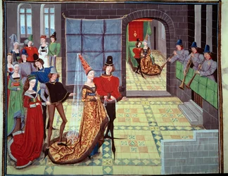 Bryllupet til Renaud og Clarisse, i bakgrunnen på bryllupsnatten. Miniatyr fra manuskriptet «Renaud de Montauban» eller «Les quatre fils Aymon» av Loyset Liedet (aktiv mellom 1448 og 1478). Ms. 5073. Bibliotheque de l
