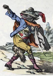 The wolf. Illustration of the tale “Compere le Loup, Maitre Renard, Comere la Chevre et ses petits biquets”” after a fable by Jean de la Fontaine. In “” Tales from the home for the little ones””. Anonymous engraving of the 19th century.