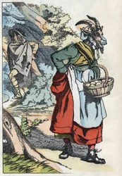 The wolf is looking for the goat leaving his home. Illustration of the tale “Compere le Loup, Maitre Renard, Comere la Chevre et ses petits biquets”” after a fable by Jean de la Fontaine. In “” Tales from the home for the little ones””. Anonymous engraving