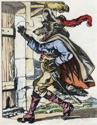 Ulven banker på døren til bikethuset. Illustrasjon av fortellingen "Compere le Loup, Maitre Renard, Comere la Chevre et ses petits biquets"" etter en fabel av Jean de la Fontaine. I "" Fortellinger fra hjemmet for de minste"". Anonym gravering o