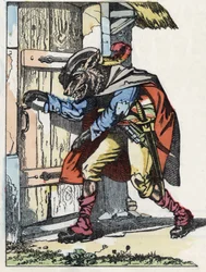 The wolf knocks on the door of the biquet house. Illustration of the tale “Compere le Loup, Maitre Renard, Comere la Chevre et ses petits biquets”” after a fable by Jean de la Fontaine. In “” Tales from the home for the little ones””. Anonymous engraving o