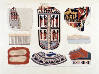Theben, hypogeier: 1.2.3.6.7.8. malerier fra mammakonvolutter 4.5. Detaljer om en frynser og et stripete lerret, funnet på mumier - i "" Description of Egypt"" 1809, Antiquite vol 2 pl 112