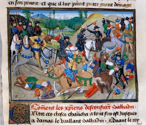 Tredje korstog: "Hvordan de kristne bekrefter Saladin"" Saladin (1138-1193) (Salah al Din Yusuf al-Ayyubi (al Ayyubi) blir beseiret av korstogene rundt 1191. Miniatyr fra "" Chronicle abregee"" av David Aubert