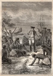 Tredje reise (1776-1779) av kaptein James Cook (1728-1779): Cook blir ønsket velkommen av de innfødte (Hawaii) - illustrasjon hentet fra "The Great Mariners of the 18th century"