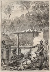 Tredje reise (1776-1779) av kaptein James Cook (1728-1779): menneskeofring til Tahiti - illustrasjon hentet fra "The Great Mariners of the 18th century""