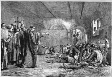 Thomas Beckets død, 29. desember 1170: erkebiskopen av Canterbury, den hellige Thomas av Canterbury (1117-1170), møter i sine gemakker sine mordere, ridderne William of Tracy, Richard the Breton, Reginald Fitzurse, Hugues of Morville, tilhengere av kong