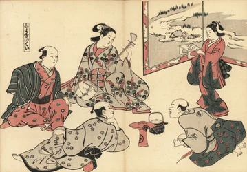 Tre samuraier lytter til en kurtisane som spiller shamisen, mens en kamuro bringer mat på et brett. Treblokktrykk av Masanobu Okumura (1686-1764) fra Fuzoku Emakimono, Picture Scroll of the Water Trade, Tokyo, opptrykk rundt 1880.