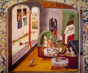 Miniatyrbilde. Inne i et "badehus" i middelalderen