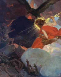 Titanomachia: representasjon av Zevs som seierherre over titanene (Titanomachia eller Titanomachy: Zevs og olymperne seirende over titanene) Gravering fra «Mine vakre mytologiske fortellinger» av HS Bres, privat samling fra begynnelsen av 1900-tallet