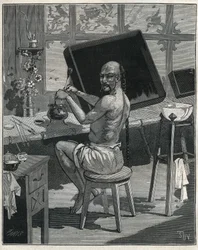 Tong oljemangel i Kina. Gravering fra 1885 i "" Les arts et metiers illustres"" av Adolphe BITARD.