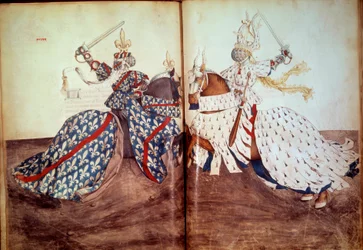 Turnering: Spill av den kallende herren og tiltalte herren (hertugen av Bretagne og hertugen av Bourbon-ansiktet). Manuskript "" Book of tournaments"" (Folio 32v - folio33) av Rene d