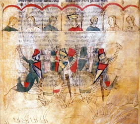 Turneringsscene etter manuskriptet «Lancelot du Lac», 1200-tallet. Biblioteca Nazionale Marciana, Venezia.