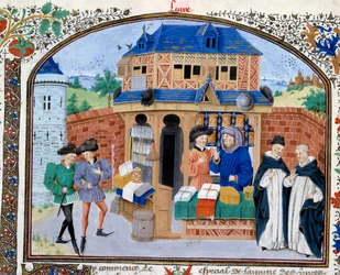Handel: en handelsbutikk. Miniatyr fra manuskriptet "" Commentary on Ethics"" av den greske filosofen Aristoteles (383-322 f.Kr.) oversatt av Nicolas Oresme (1325-1382)