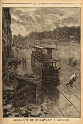 Trikkeulykke i Sevres, materielle skader, men ingen personskader. Gravering i "" Le petit journal"" 24/01/1897. Selva samling.
