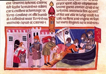 Transport av varer og matvarer på indre vannvei. Miniatyr fra en fransk kodeks på pergament "" The Facts of Romans"" som forteller gammel historie frem til Jules Cesar (101 f.Kr.-44 f.Kr.). Venezia fra 1200-tallet, biblioteca Marciana