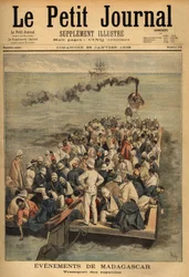 Transport av skadde rovdyr fra Madagaskar. Gravering i "" Le petit journal"" 26.01.1896. Selvas samling.