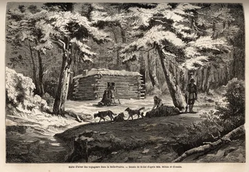 Reisendes vinterhytte i den vakre engen (Canada), tilfluktssted for fangstmenn og deres aking. Gravering for å illustrere reisen fra Atlanterhavet til Stillehavet (route du nord ouest par les terres), i 1862-1864 av Viscount Milton og Doctor Cheadle, i