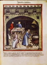 Behandle en medisin: "" koke tarmen og tarmen til dyrene""". Side hentet fra "" Tacuinum sanitatis"" (Cod. ser. nov. 2644) Rundt 1400 Wien, Osterreichische Nationalbibliothek