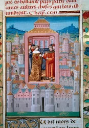 Conflans-traktaten den 5.10.1465 mellom kong Louis XI og Charles de Charolais (senere Charles the Temeraire avsluttet opprøret til adelsmenn eller League of Public Good. Miniatyr fra "Les chronicles de Monstrelet" av Enguerrand de Monstrelet (140