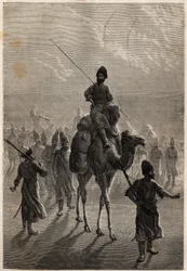 Tyrkiske fanger ført til Teheran med det formål å utveksle nag eller utveksle mot andre fanger. Gravering for å illustrere historien om Henri de Blocqueville "14 mois de captivite chez les turcomans"" mellom 1860 og 1861, i "Le tour du mo