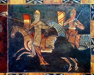 To riddere i siden av masken skal til kamp. Detalj av dekorasjonen av en bryllupsboks som viser scener av seigneurialt liv. 1300- eller 1400-tallet. Vannes, museum i Vannes