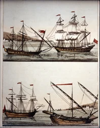 Typiske båter av barbariske pirater, - i "Den eldgamle og moderne drakten" "de Ferrario, Milano