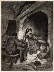 Un foyer d'auberge à Saint Cernin, gravering for å illustrere en reise til vulkanene i det sentrale Frankrike i 1864, i "Le tour du monde, nouveau journal des voyages"" utgitt under ledelse av Edouard Charton
