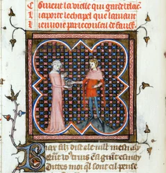 ""En ung mann og en gammel kvinne"" Opplyst side fra manuskriptet ""Le Roman de la Rose"" av Guillaume de Lorris (rundt 1200-1238) og Jean de Meun (Meung) (1240-1305) rundt 1353 Sveits Genève bibliotek