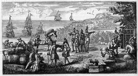 Unbarking of supplies in the French colonies of America. Pen drawing places a head of a memoire of Vauban on “The colonies”” in the manuscript of his “Oisivetes”” preserved at the Depot des Fortifications. Engraving in “” La Nature: revue des sciences et d