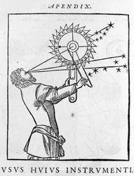 Bruk av en enhet for å beregne tiden i forhold til stjernene om natten (astrolabium) - Cosmographia de Pietro Apiano, Paris 1551.