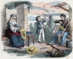 Bruk av halm på 1800-tallet: en mann pynter en stol med halm, en kvinne fletter hatter (kurvtøy), et barn lager såpebobler med et sugerør. Gravering sent på 1800-tallet.