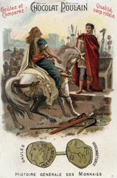 Vercingetorix (72-46 f.Kr.), leder for det galliske opprøret, legger ned våpnene ved Cæsars (100-44 f.Kr.) føtter etter å ha tapt byen Alesia for godt - i «Myntenes generelle historie» - Chocolat-Poulain-kromolitografi fra slutten av 1800-tallet