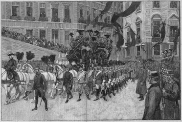 Wien 1889: Begravelsen til prins Rudolf (erkehertug Rudolf av Habsburg (1858-1889), kronprins av Østerrike). Prosesjonen foran den franske ambassaden.