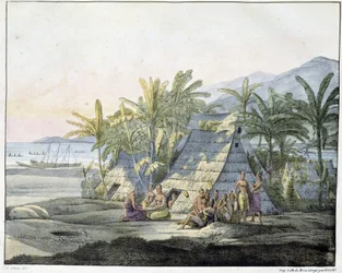 Utsikt på Sandwichøyene - i "" Utsikt og landskap av jevndøgnregionene, samlet på en reise rundt i verden"", sd. tidlig på 1800-tallet