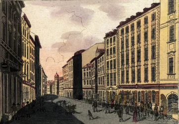 Utsikt over Kohlmarkt Street i Wien, Østerrike Gravering fra 1820