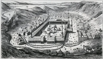 Utsikt over Mekka og dens store moske på tidspunktet for pilegrimenes besøk - gravering fra 1800-tallet