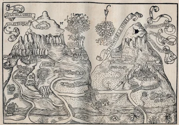 Utsikt over Mount Sibille (Paradise of Queen Sybille) (Dobbelt kart over Mount Pilatus og Mount Sibyl) - Antoine de La Sale (La Salle) fransk satirisk forfatter fra 1400-tallet.