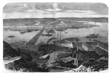 Utsikt over Nizhny Novgorod (Nizjnij Novgorod), byen i Russland. Gravering i "" L'univers illustrious""